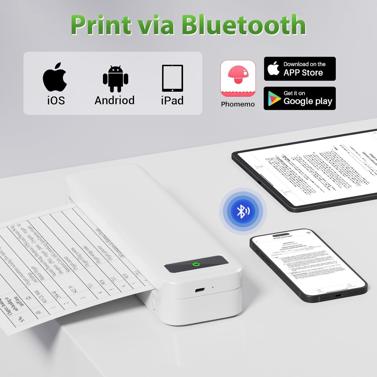 Portable Thermal Printer – Wireless Bluetooth Inkless Printer for A4/Home/Office