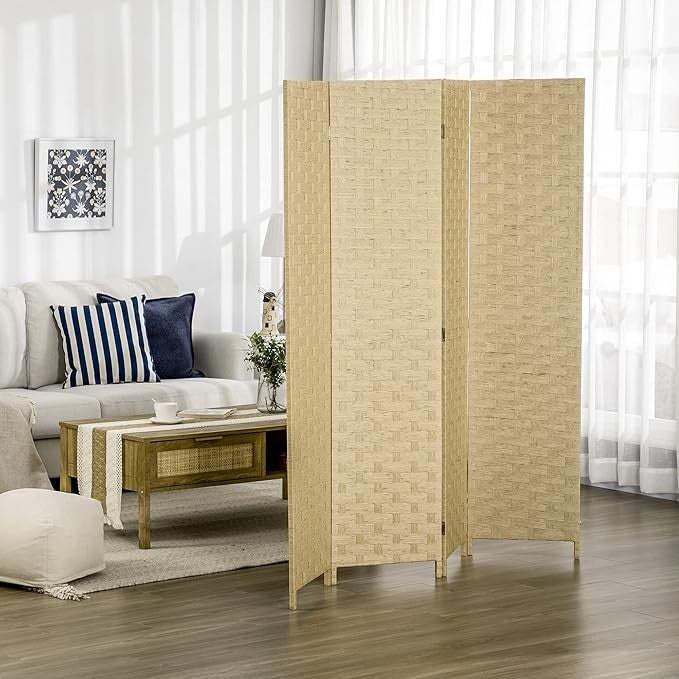 4 Panel Folding Room Divider – Brown Woven Privacy Screen for Bedroom