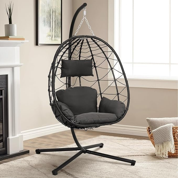 Rattan Hanging Egg Chair with Stand Swing Seat Cushion Indoor Outdoor Patio