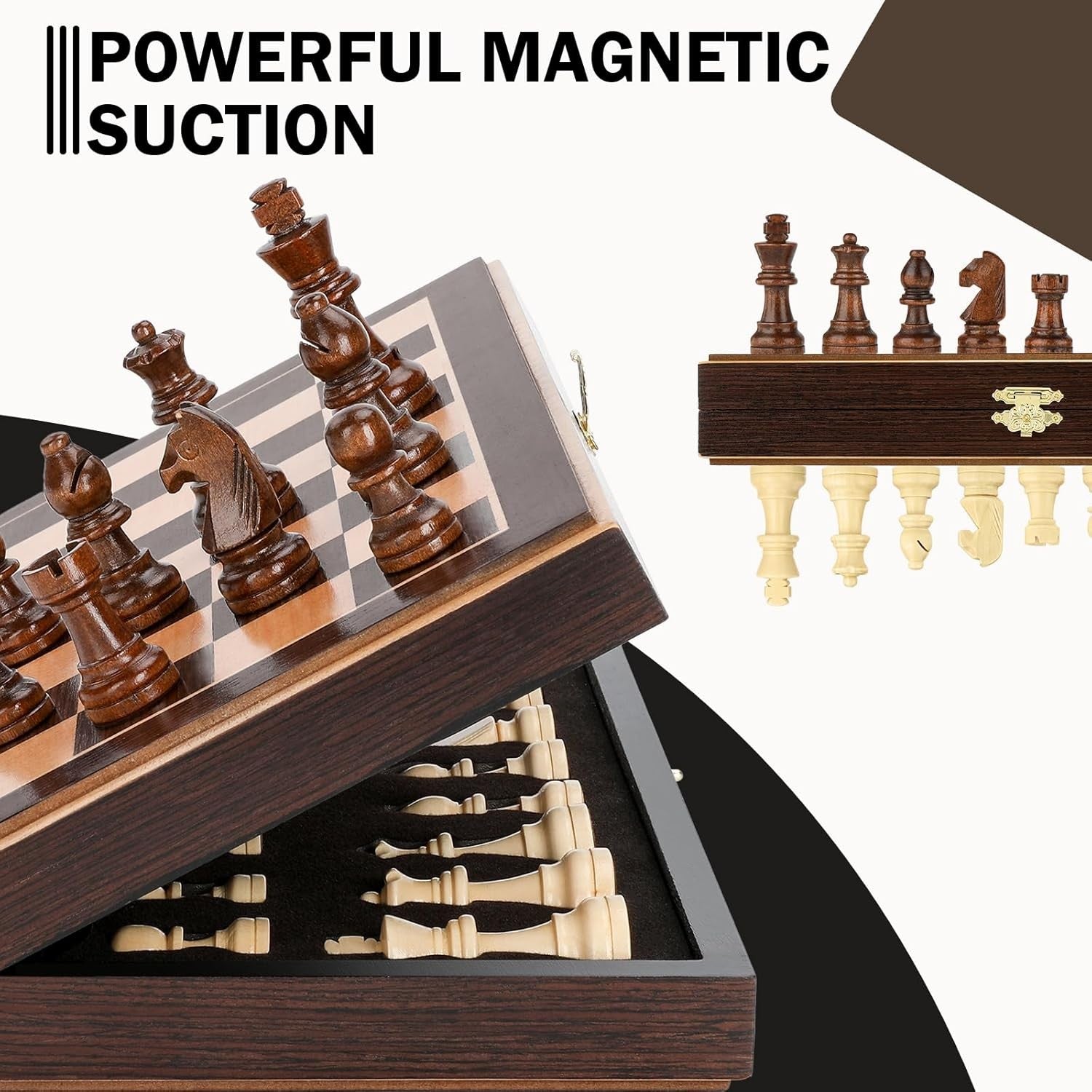 Wooden Magnetic Chess Set 30cm Folding Board w/ Storage & Extra Queens Ebony
