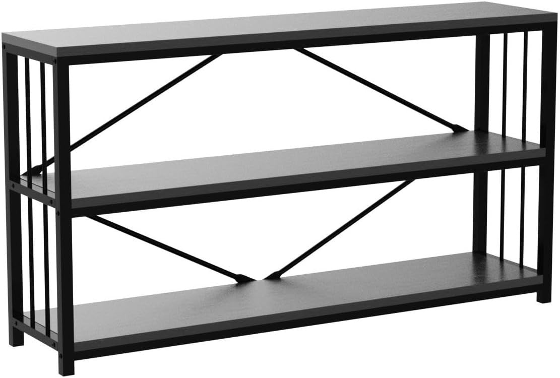 Modern Black Console Table with 3-Tier Storage, Industrial Metal Frame, 140cm