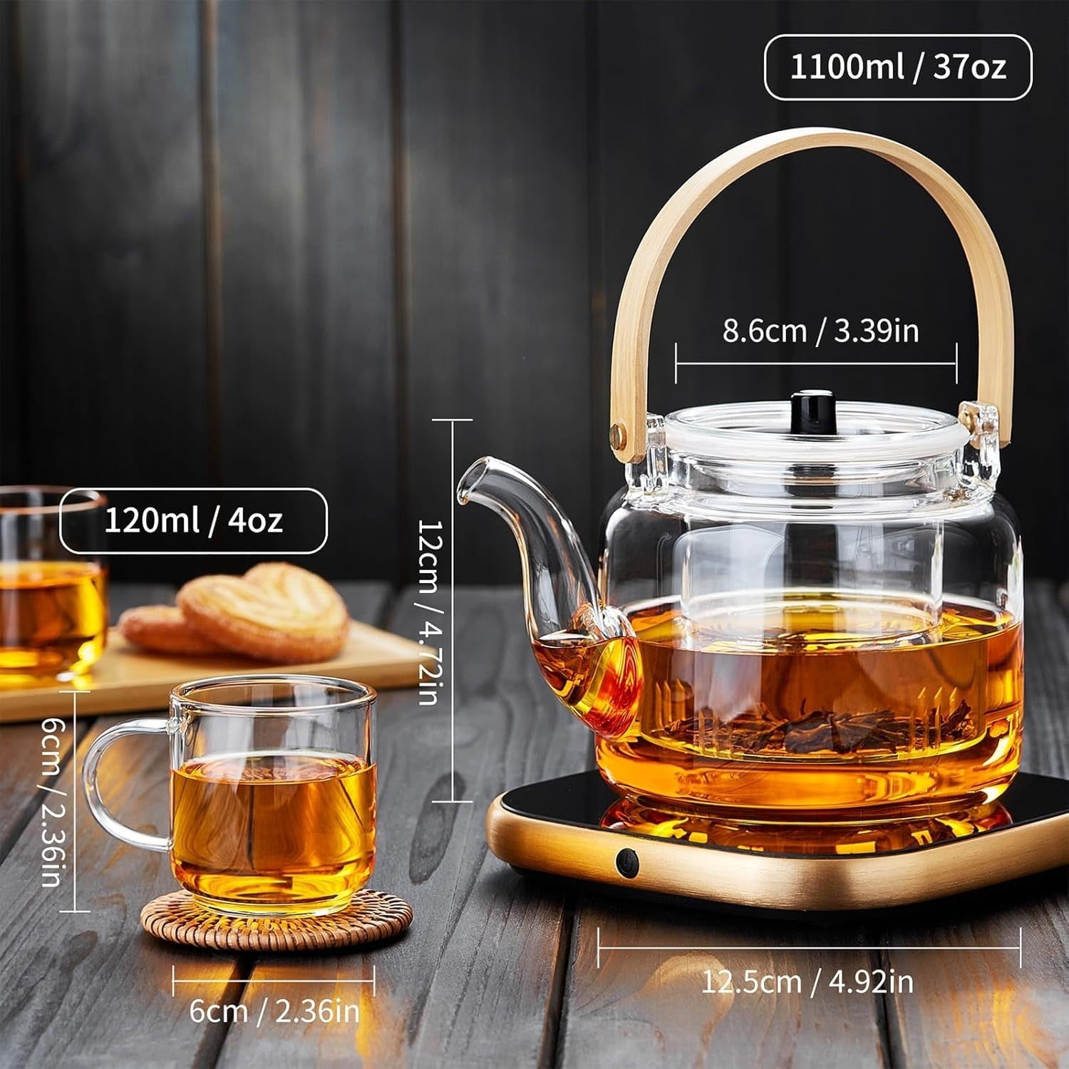 Glass Teapot Set 1100ml with Infuser 4 Cups Borosilicate Stovetop Safe