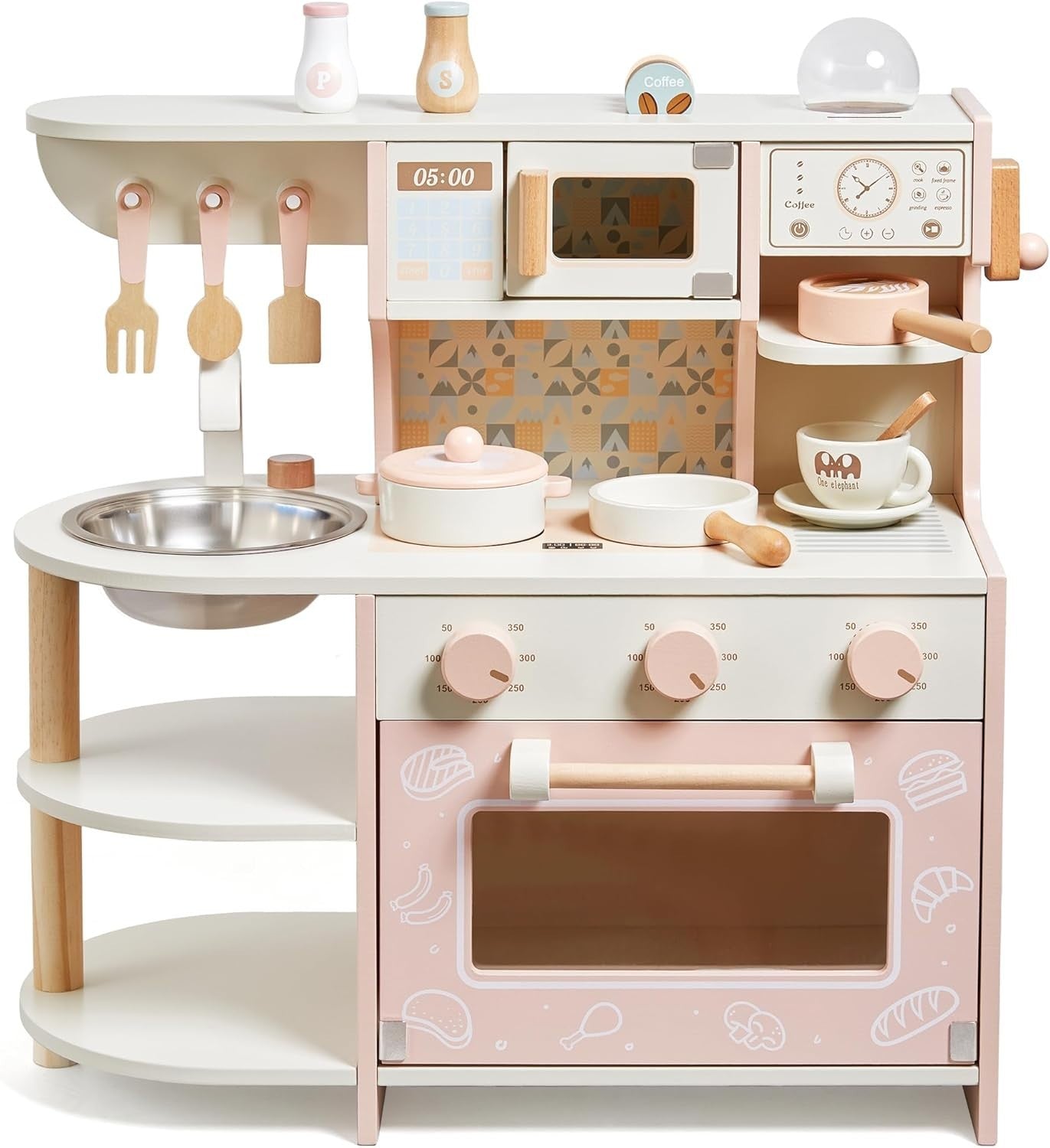 Wooden Kids Play Kitchen Coffee Maker Pretend Cooking Set Pink Toy