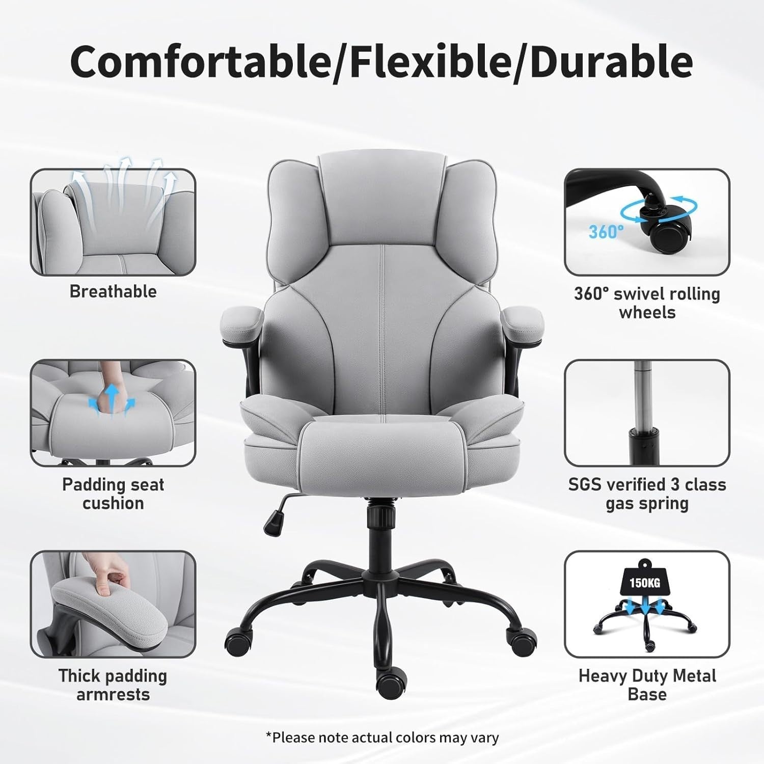 Ergonomic Office Chair Grey Desk Computer Seat Large Heavy Duty Fold-up Arms