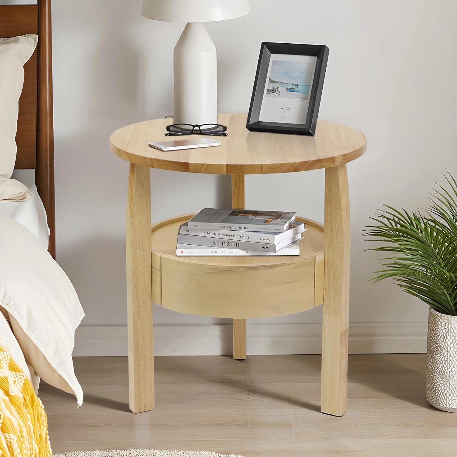Solid Oak Round Coffee Table with Drawer – 50x40x50cm 2-Tier Storage