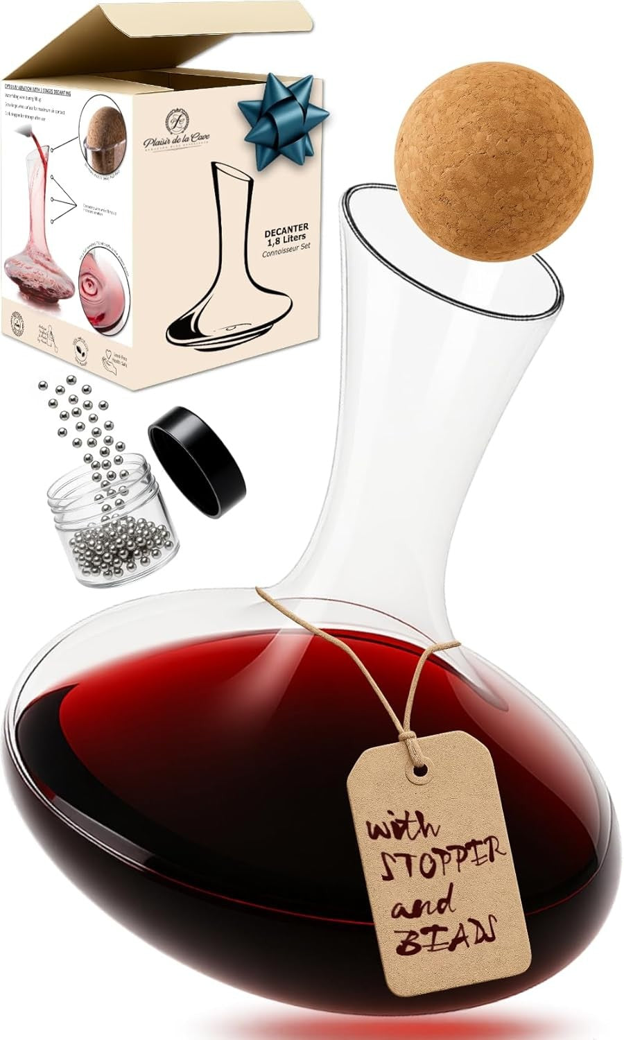 1.8L Crystal Wine Decanter with Cork Stopper & Cleaning Beads Gift Set