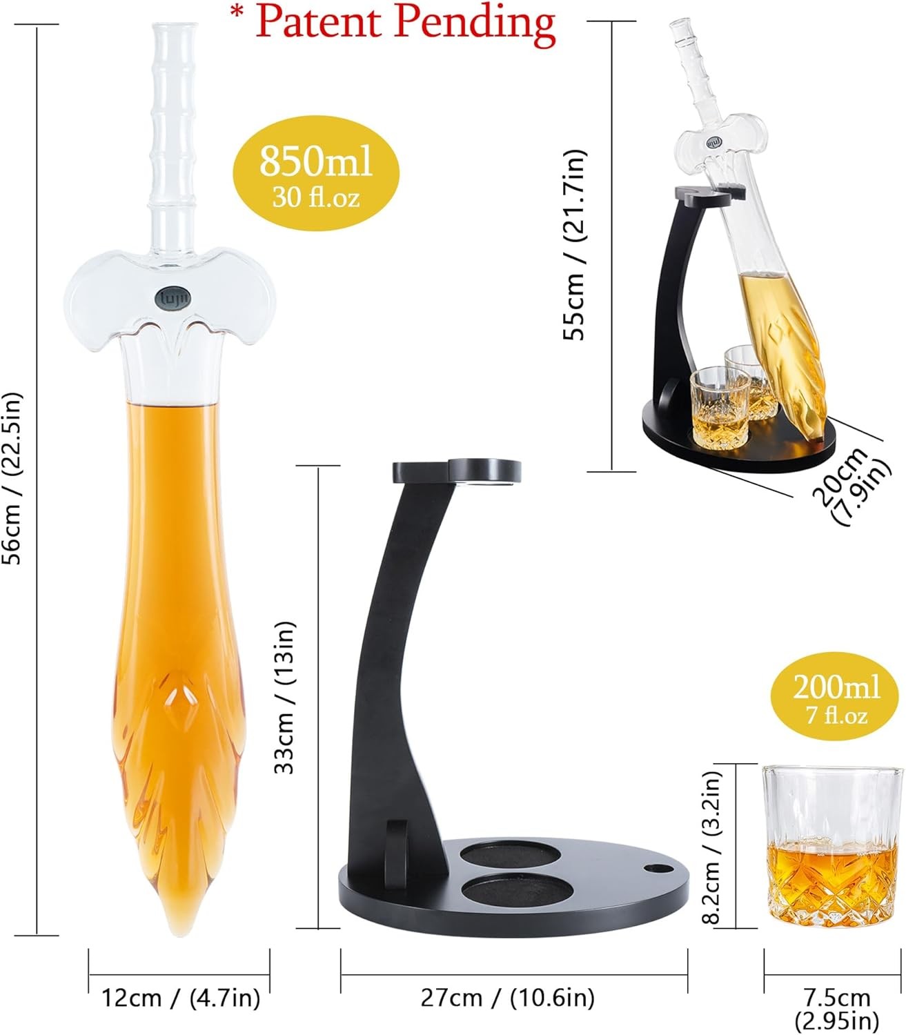 850ml Sword Whiskey Decanter Set with 2 Glasses Wooden Stand Unique Bar Gift