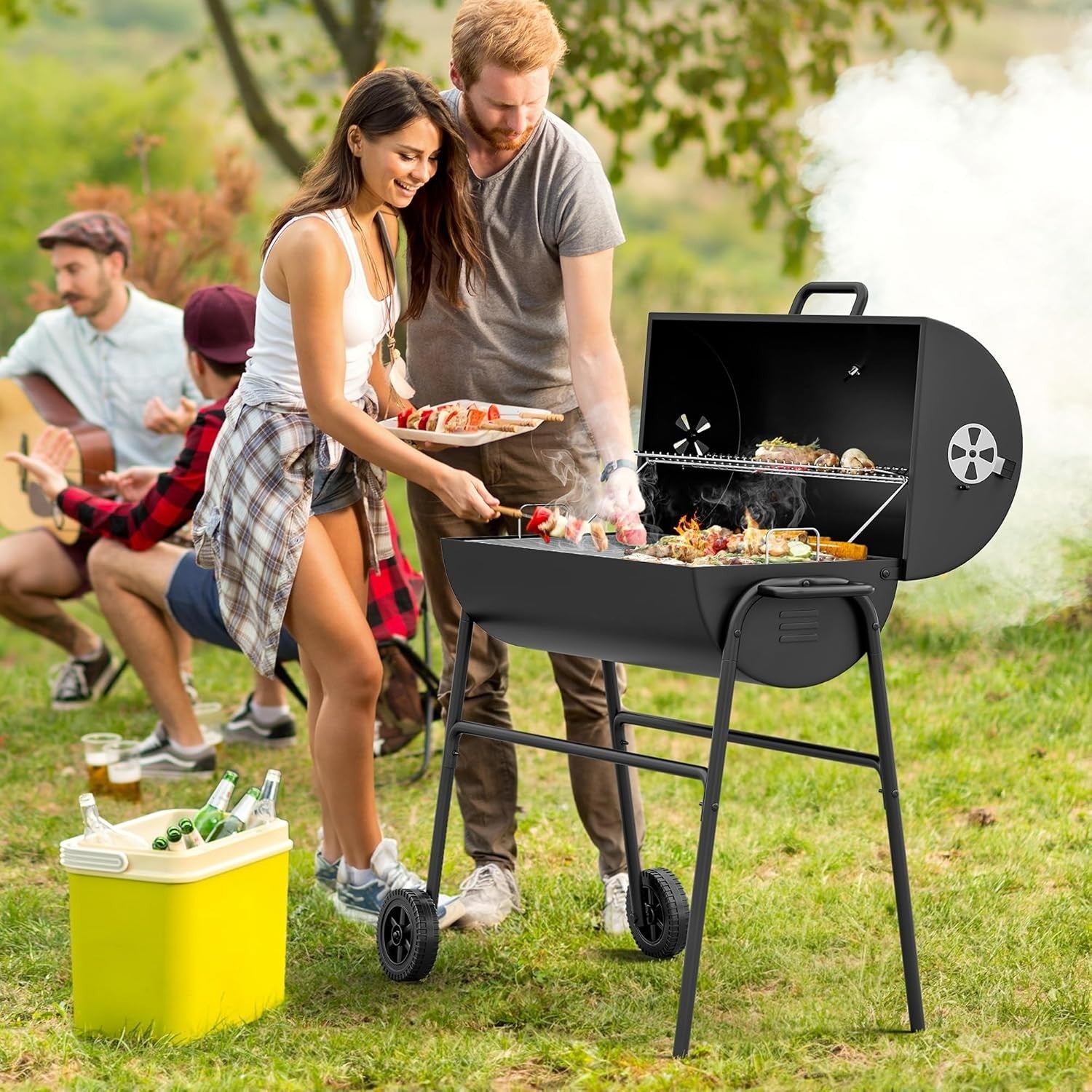Portable Charcoal BBQ Smoker Grill | Adjustable Height, Thermometer