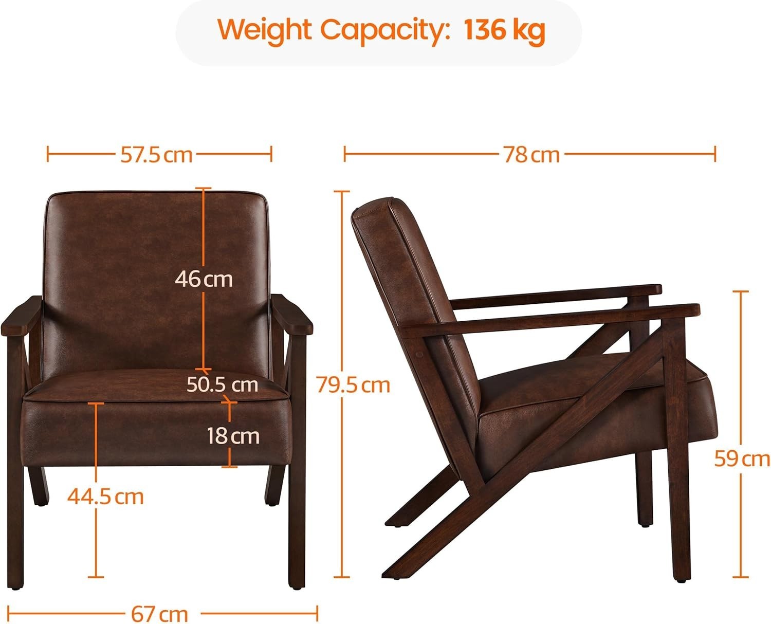 Modern Faux Leather Accent Chair Wood Frame Lounge Armchair Brown