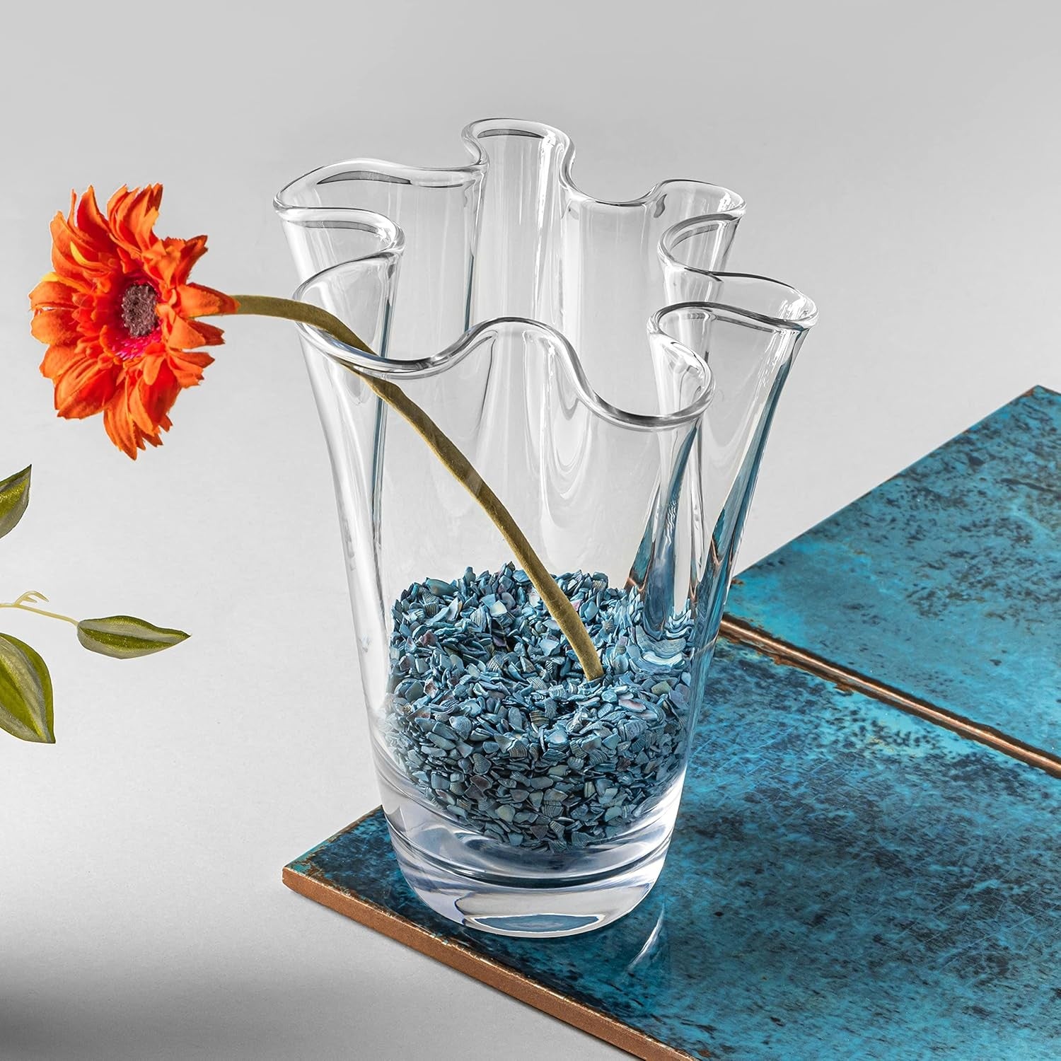 Glass Flower Vase 23cm Wavy Top Mouth Blown Heavy Crystal Centrepiece