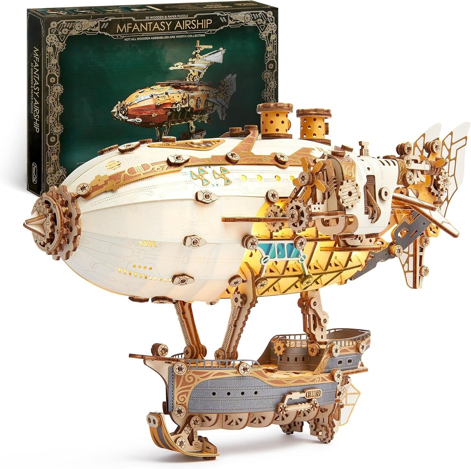 Steampunk 3D Wooden Airship Puzzle with LED Lights DIY Craft for Adults