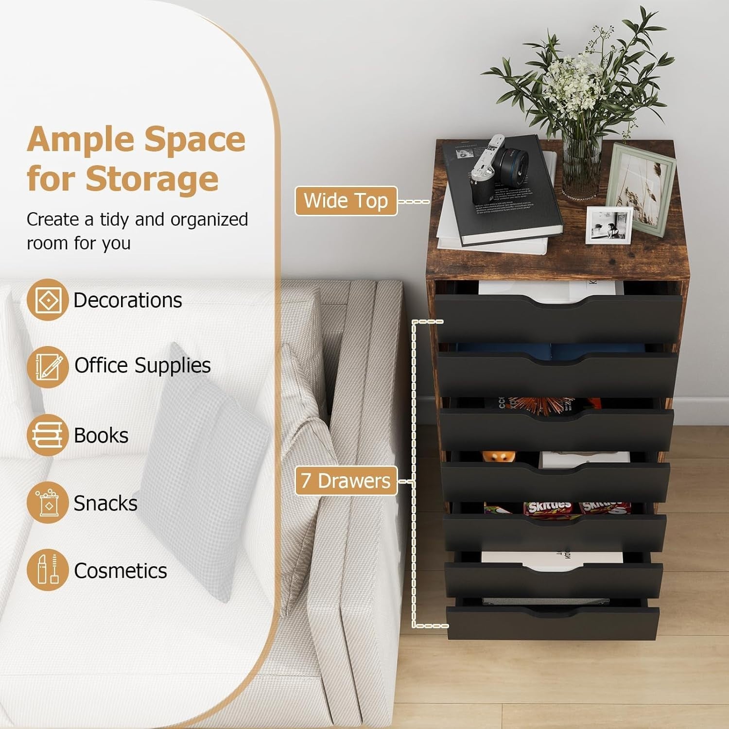 Rustic Brown Mobile Filing Cabinet 7 Drawer Storage Unit Wheels for Home Office