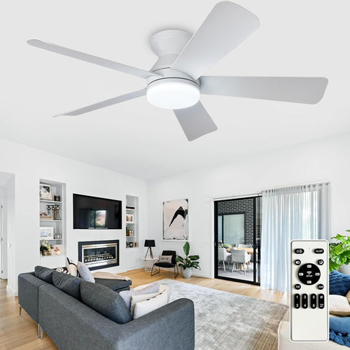 42" White Ceiling Fan, 5 Blades, 6 Speeds, LED Light, Remote