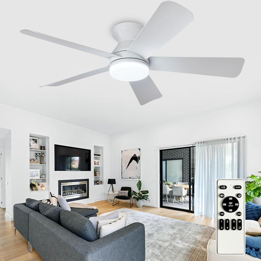 42" White Ceiling Fan, 5 Blades, 6 Speeds, LED Light, Remote