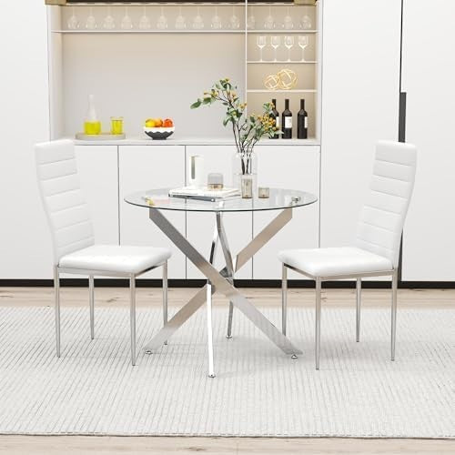 Round Glass Dining Table 80cm Silver Metal Legs Modern Kitchen Table