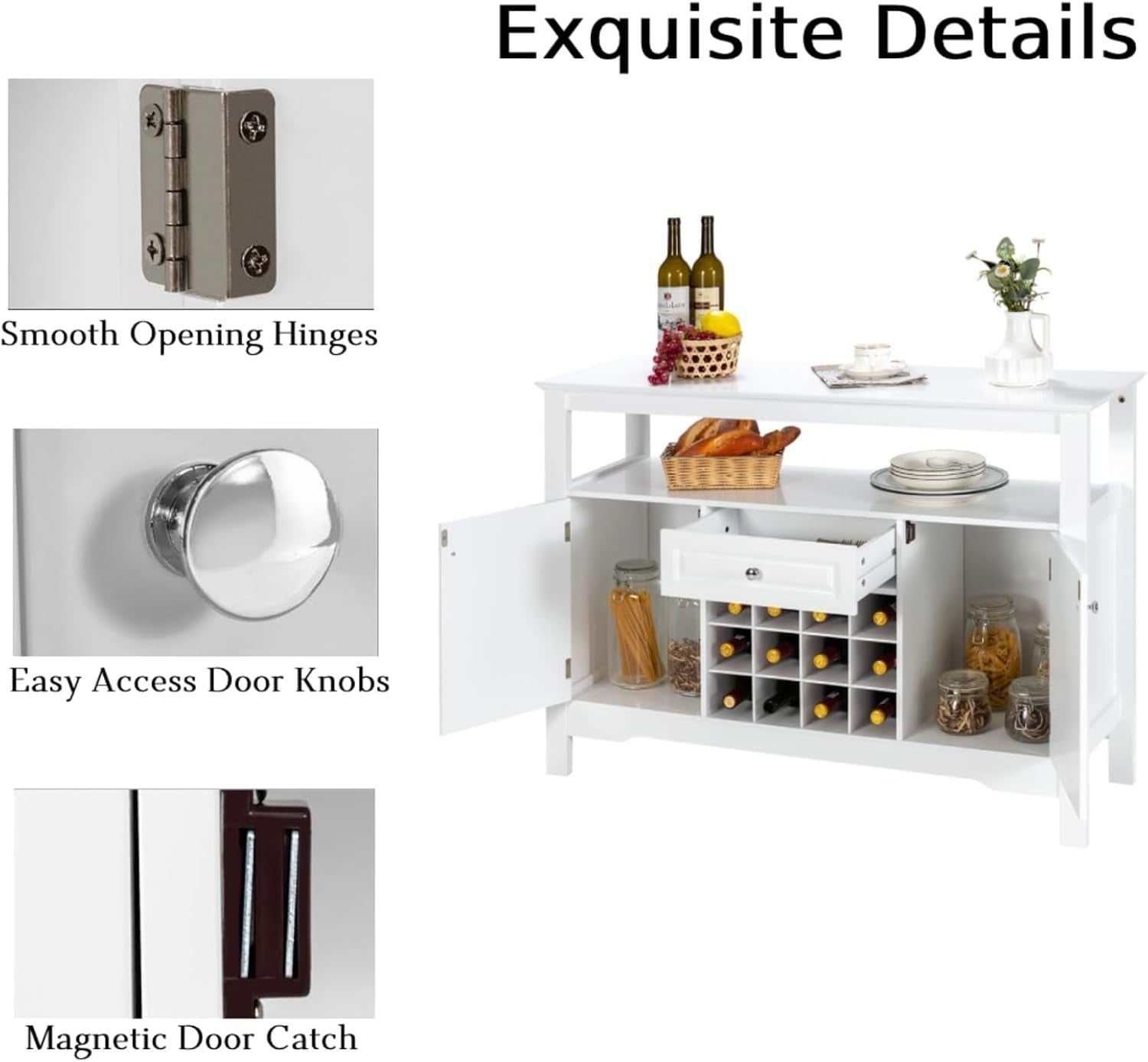 White Wooden Sideboard Buffet Cabinet Wine Rack Bar Drawer Storage