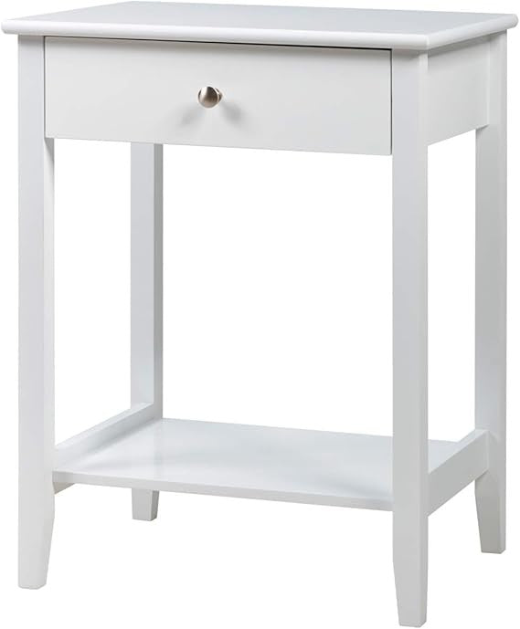 White Wooden Bedside Table with Drawer & Shelf | Compact Modern Nightstand