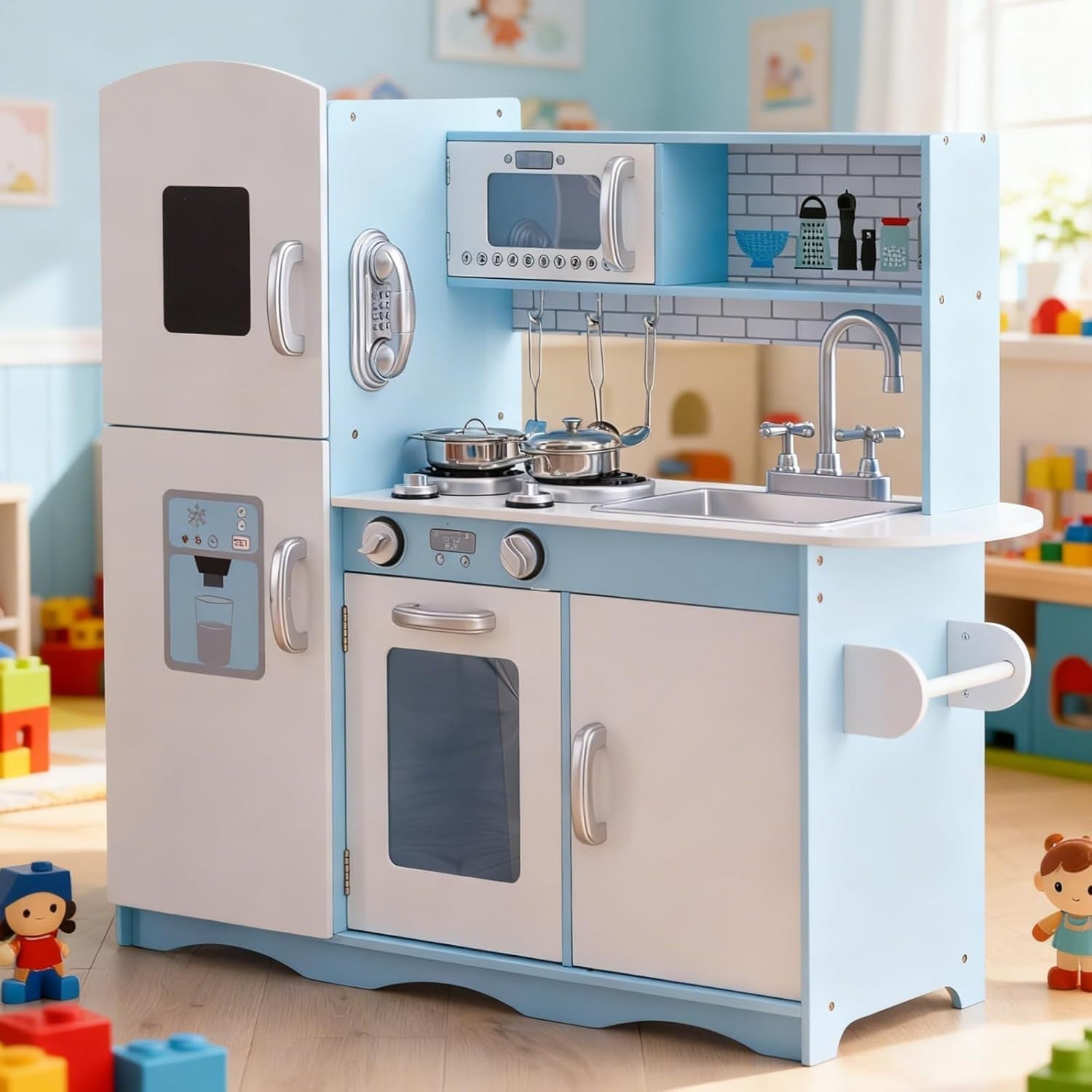 Wooden Kids Play Kitchen Role Play Cooking Toy Set Blue Accessories