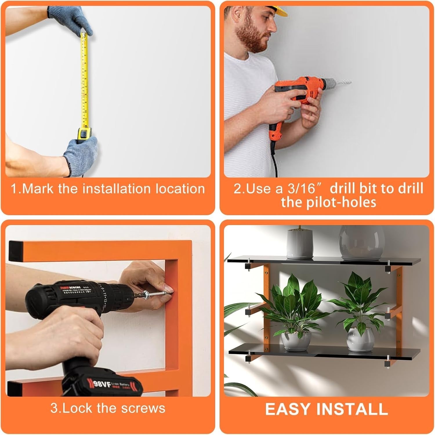 Wall-Mount 6-Level Lumber Rack 4-Pack Orange 43D x 34W x 11H cm