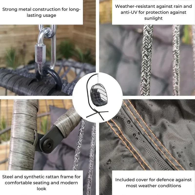 Grey Hanging Egg Chair With Stand & Cushion – Rattan Outdoor Swing Seat