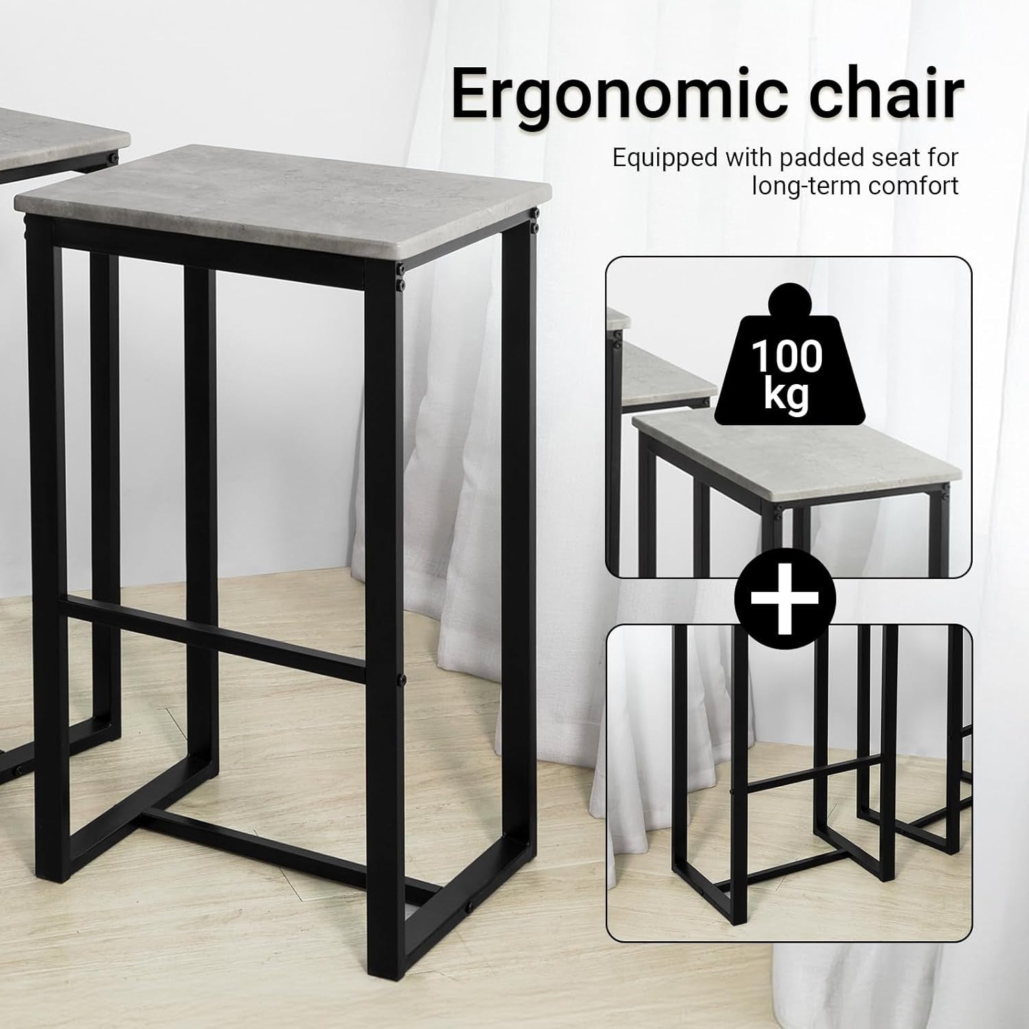 5-Piece Bar Table Set with 4 Stools, Black & Grey Space-Saving Dining Set