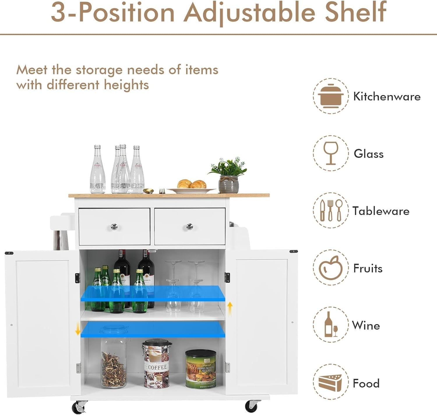 Mobile Kitchen Island Cart with Rubber Wood Countertop, Drawers & Lockable Wheel