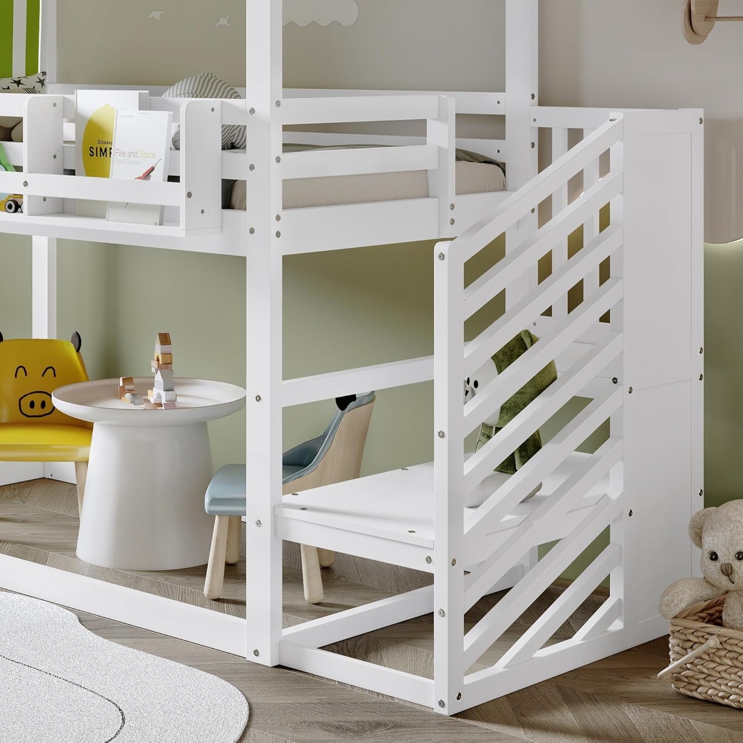 Kids Bunk Bed 3ft Single 90x190cm w/ Staircase Guardrail Bookshelf White Green