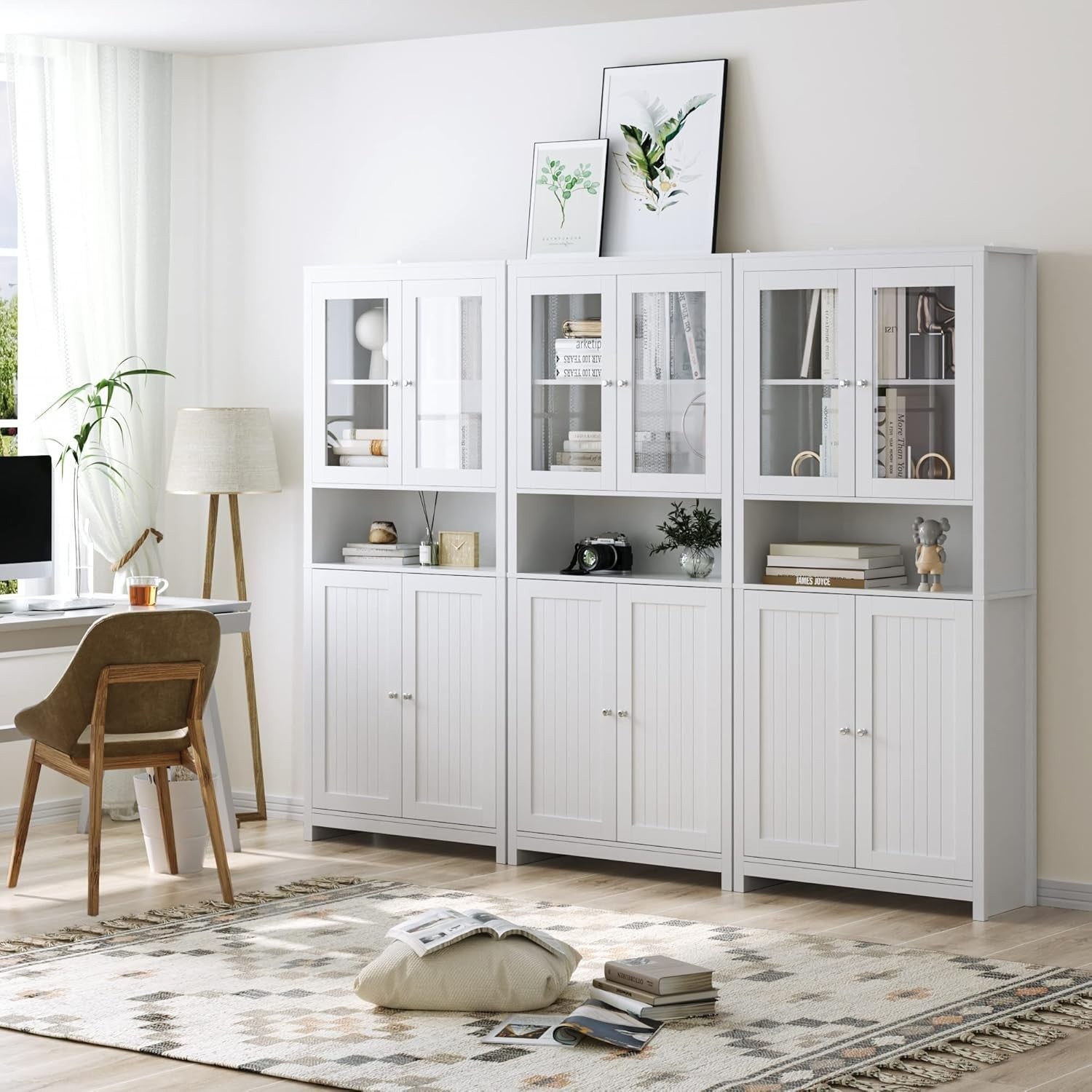 White Tall Kitchen Cupboard 190cm Pantry Cabinet Glass & Wood Doors