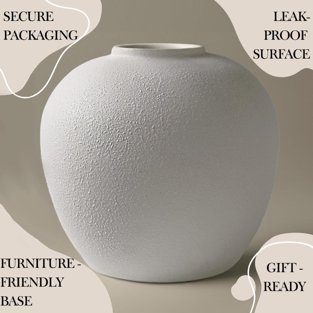 White Ceramic Flower Vase 20cm Round Minimalist Leak-Proof Home Décor