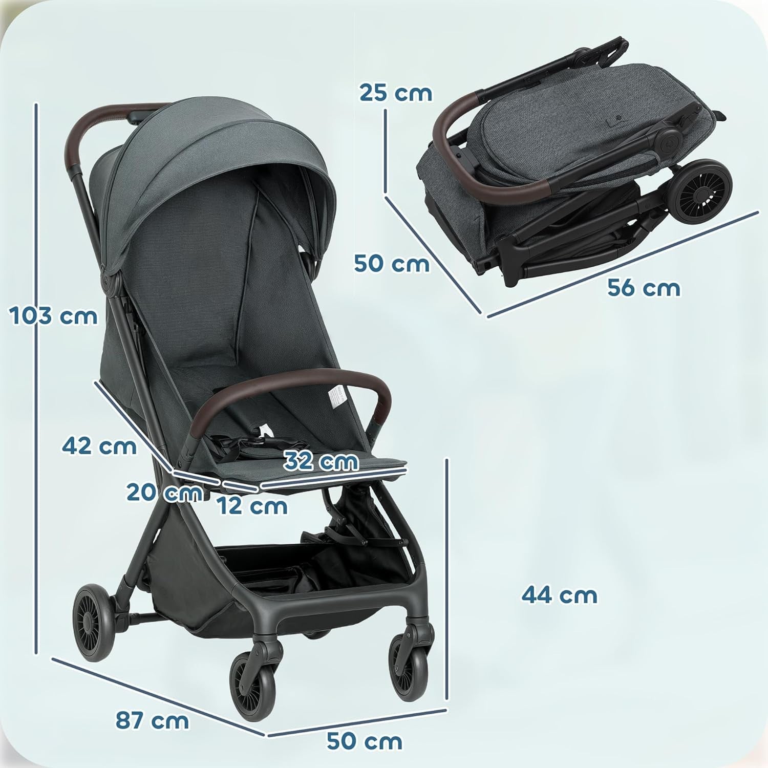 Lightweight Foldable Pushchair Travel Stroller Newborn to 3 Years Dark Grey