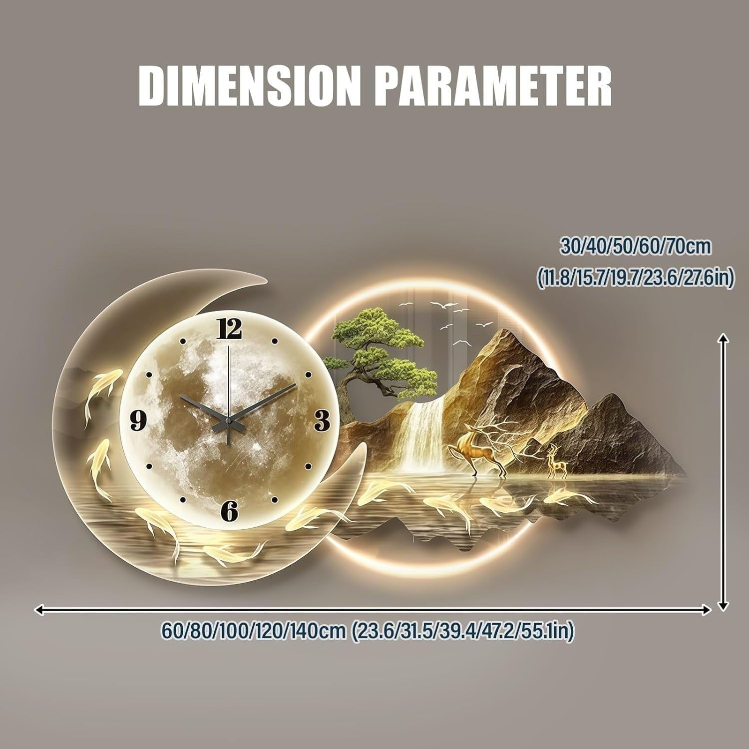Large 3D LED Wall Clock Modern Silent Art Decor Gold 60x30cm
