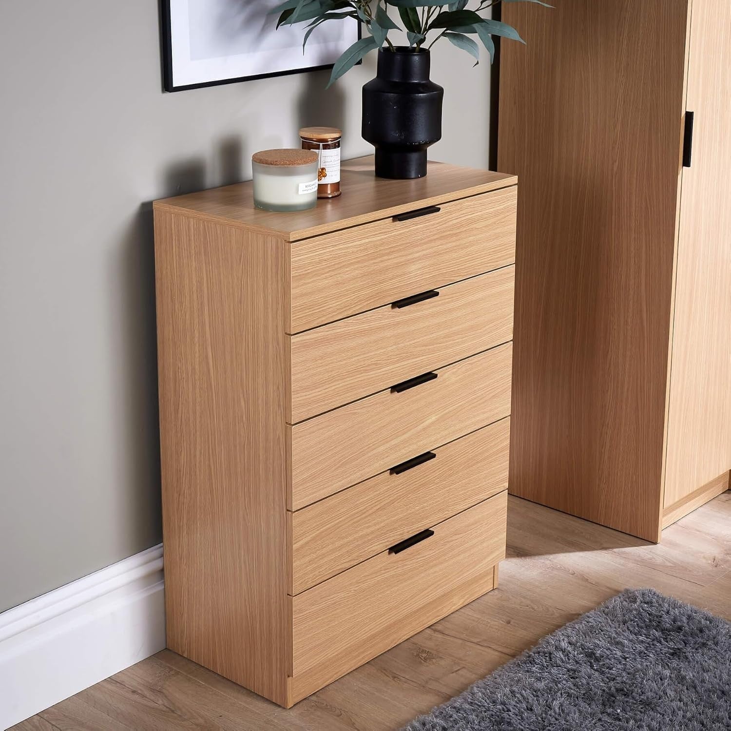 Oak 5 Drawer Chest of Drawers Storage Unit Modern Bedroom Tall Cabinet