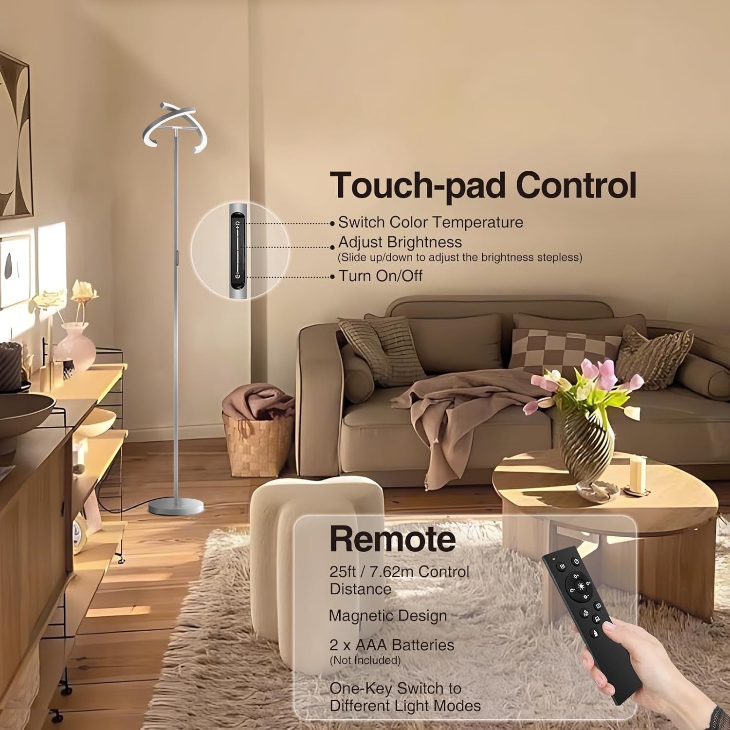 LED Uplighter Floor Lamp Dimmable Remote Touch Modern Standing Light