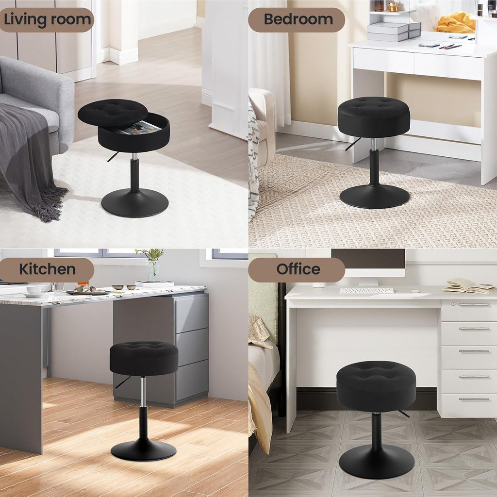 Black Velvet Swivel Vanity Stool with Storage Round Adjustable Makeup Seat
