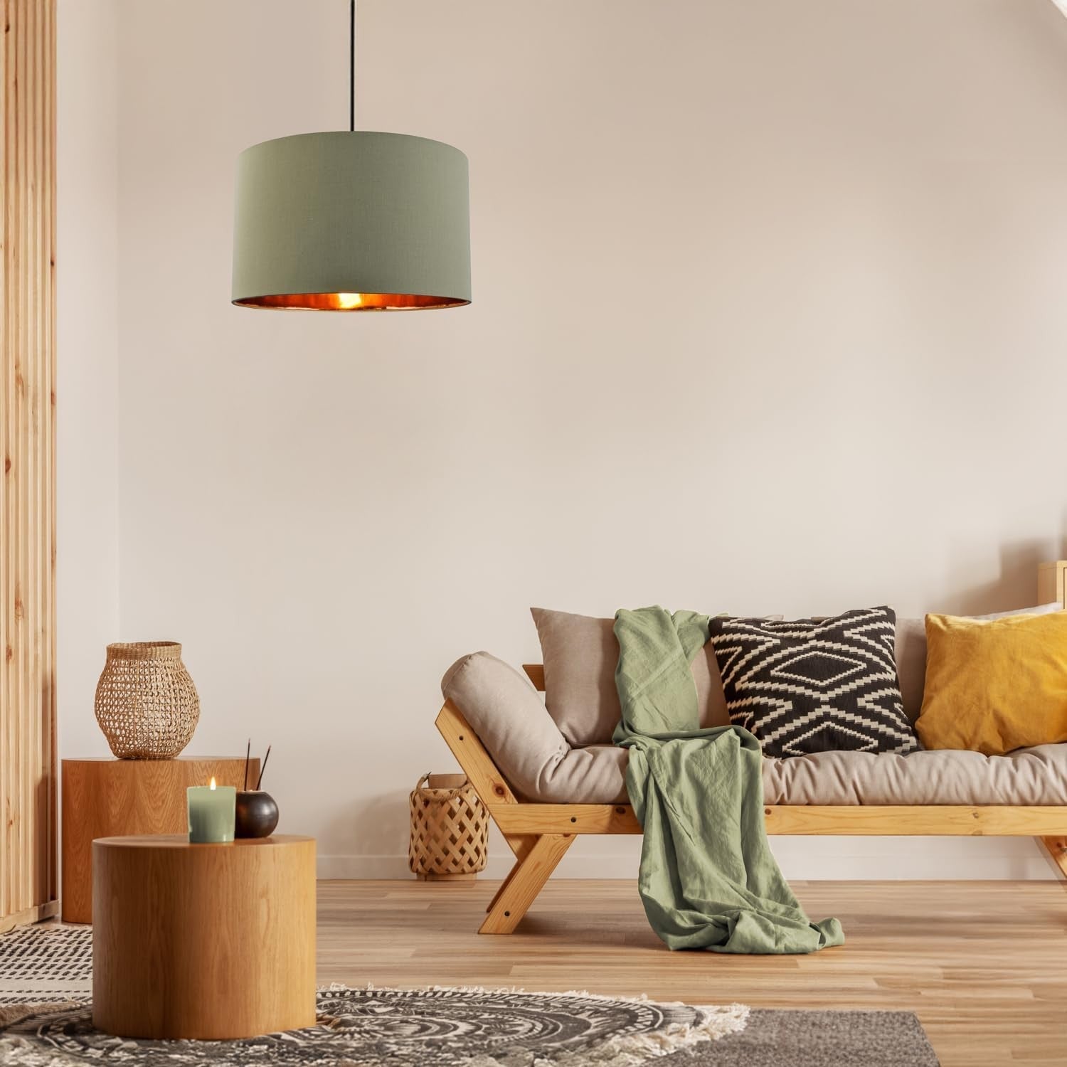 Olive Green Drum Lamp Shade Copper Lined Large 20" Floor Pendant Modern