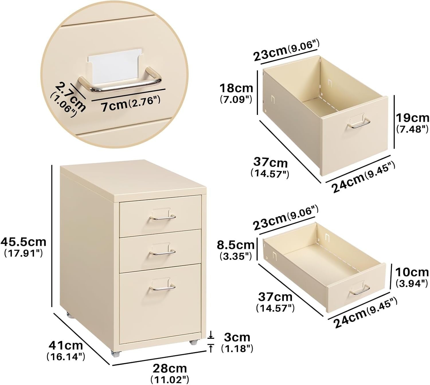 Cream Metal Rolling Drawer Cabinet 3 Tier Under Desk File Storage