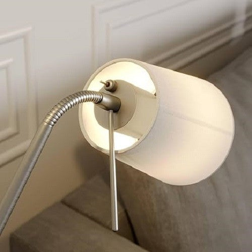 Modern Floor Lamp White Fabric Shade Standing Reading Light Satin Nickel