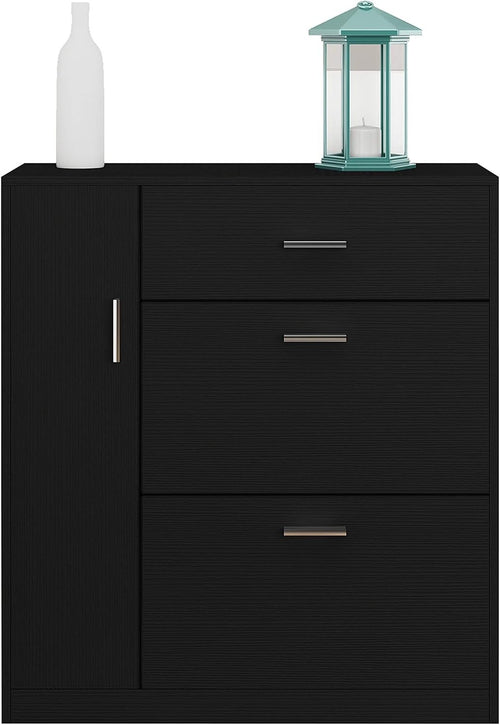 Modern Black Shoe Cabinet with Drawer & 18-Pair Pull-Down Storage Rack