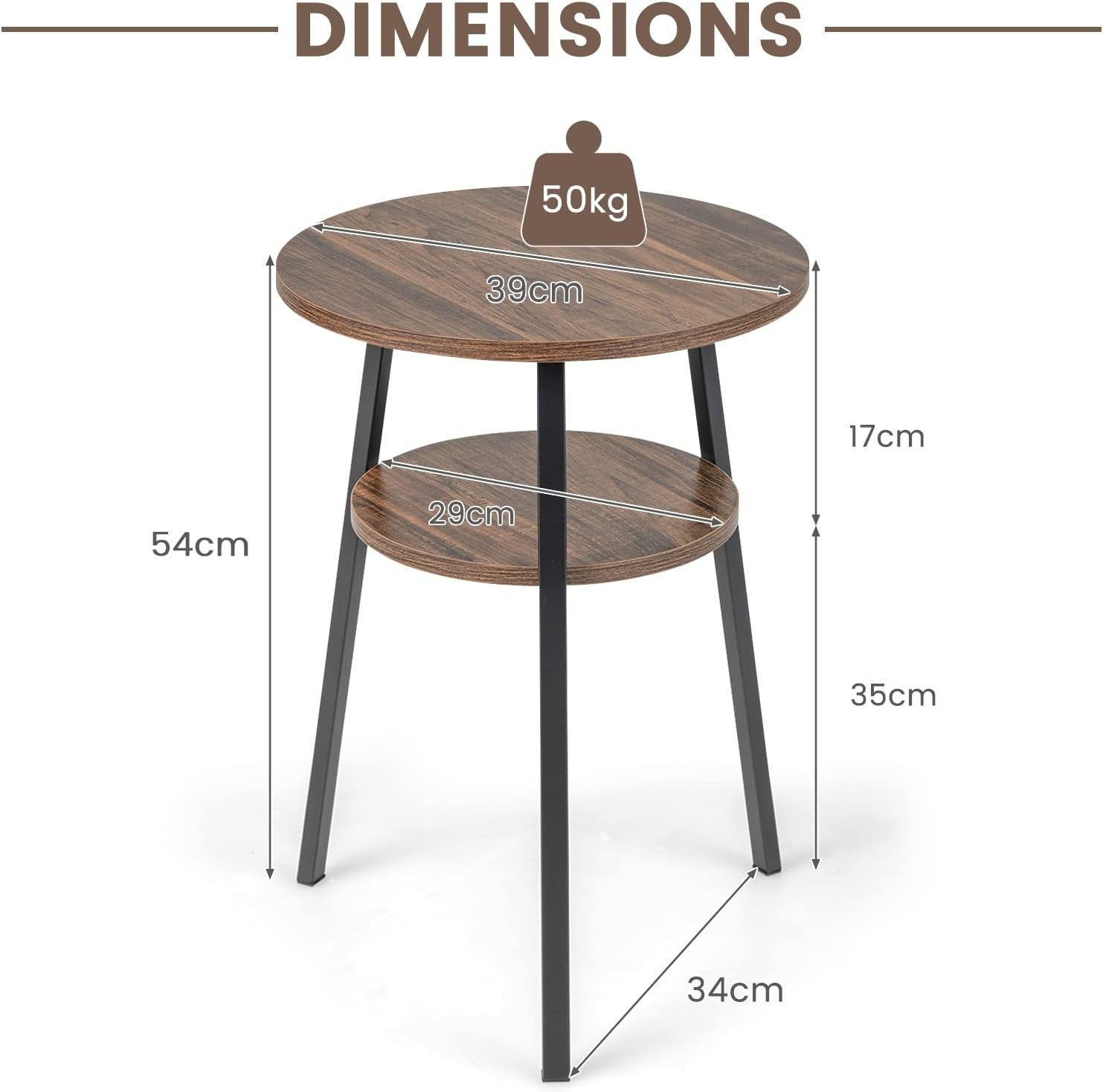 Round Industrial Side Table with Storage Shelf, Slim 2-Tier Coffee Nightstand
