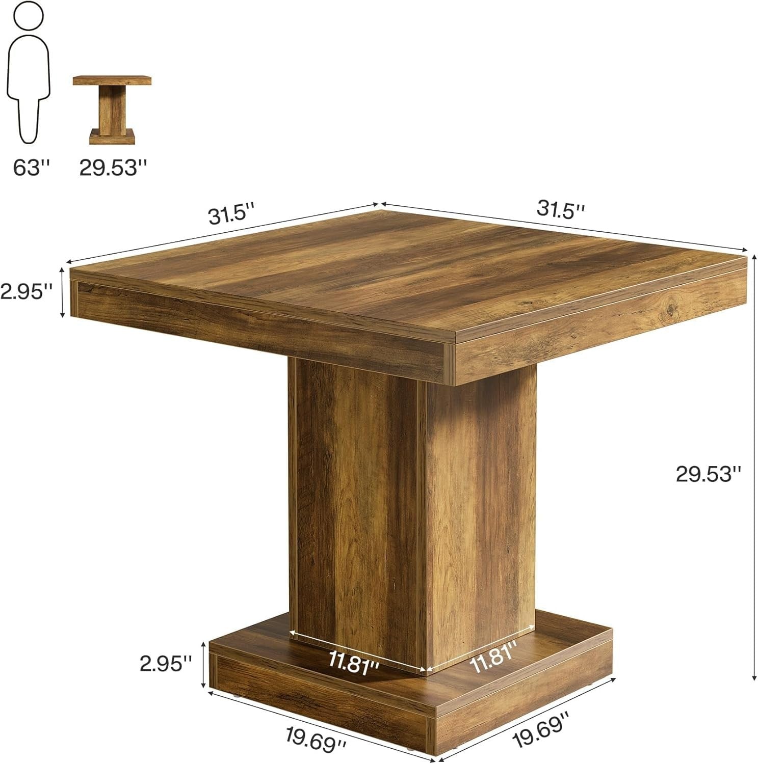 Rustic Square Dining Table 4 Seater Pedestal Base Small Space Home