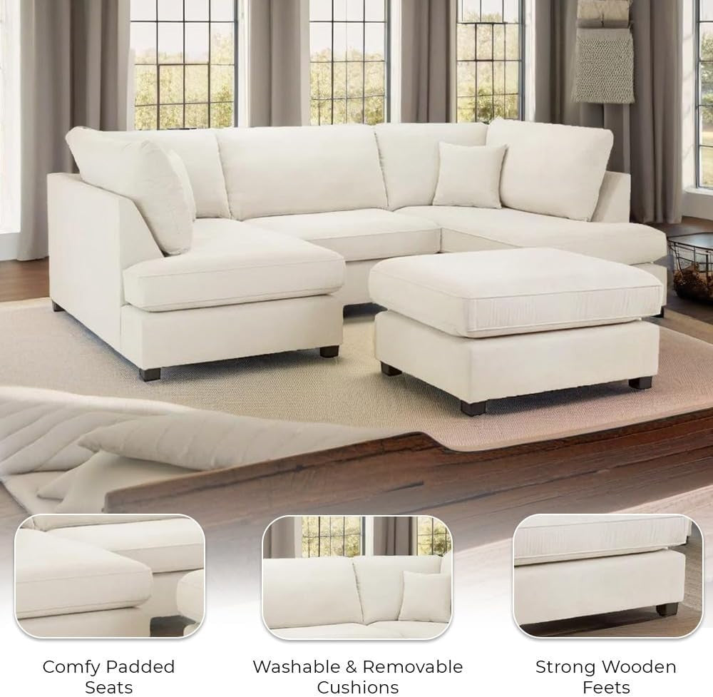 Cream U Shape Corner Sofa 6 Seater – 4pc Modular Cinema Couch with Footstool