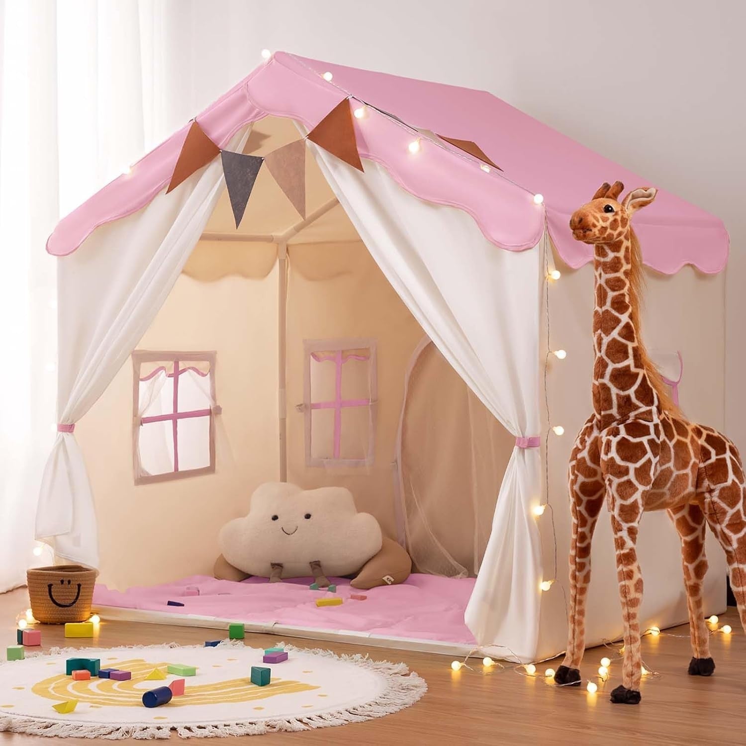 Pink Kids Bed Canopy Play Tent with Lights Padded Indoor Castle