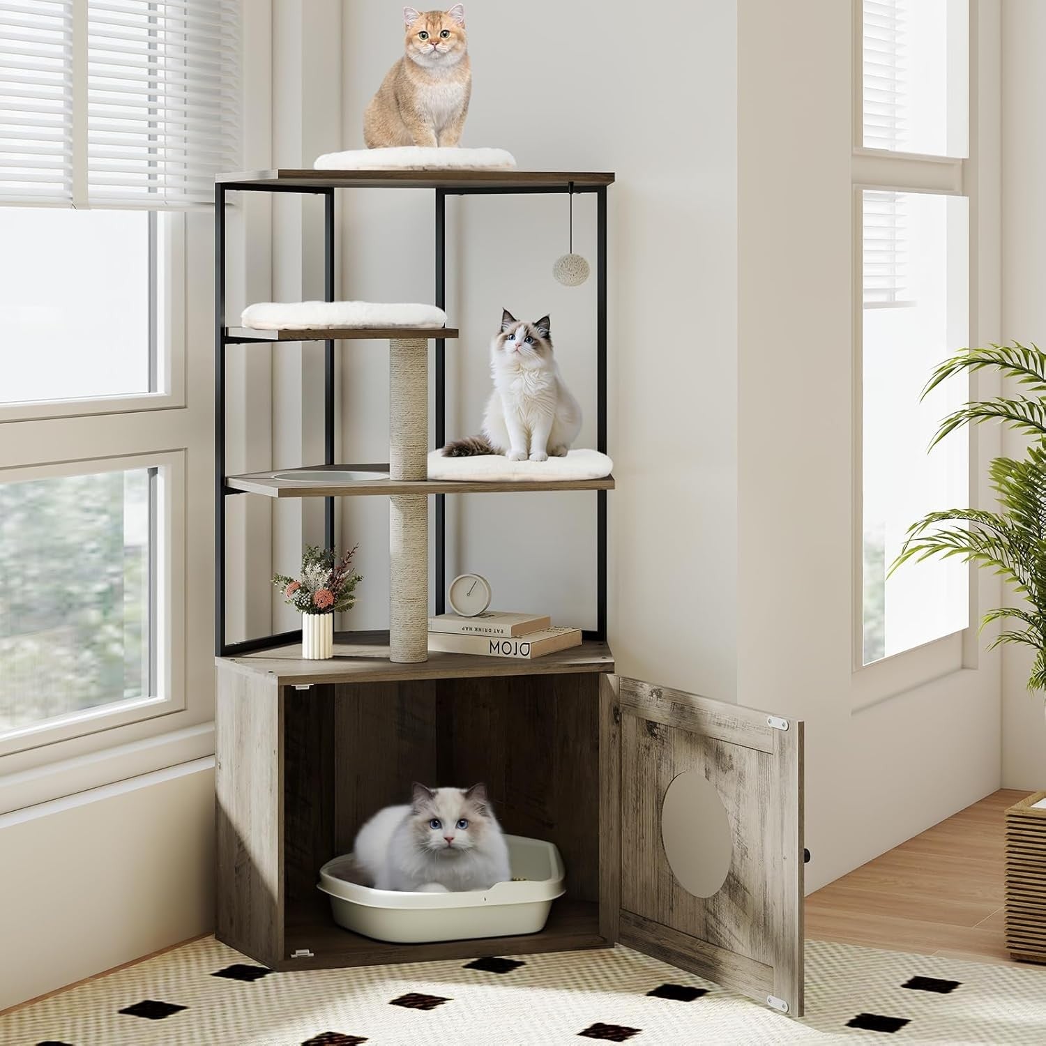 Cat Tree with Litter Box Enclosure Modern Climbing Tower Scratching Post Oak Gre