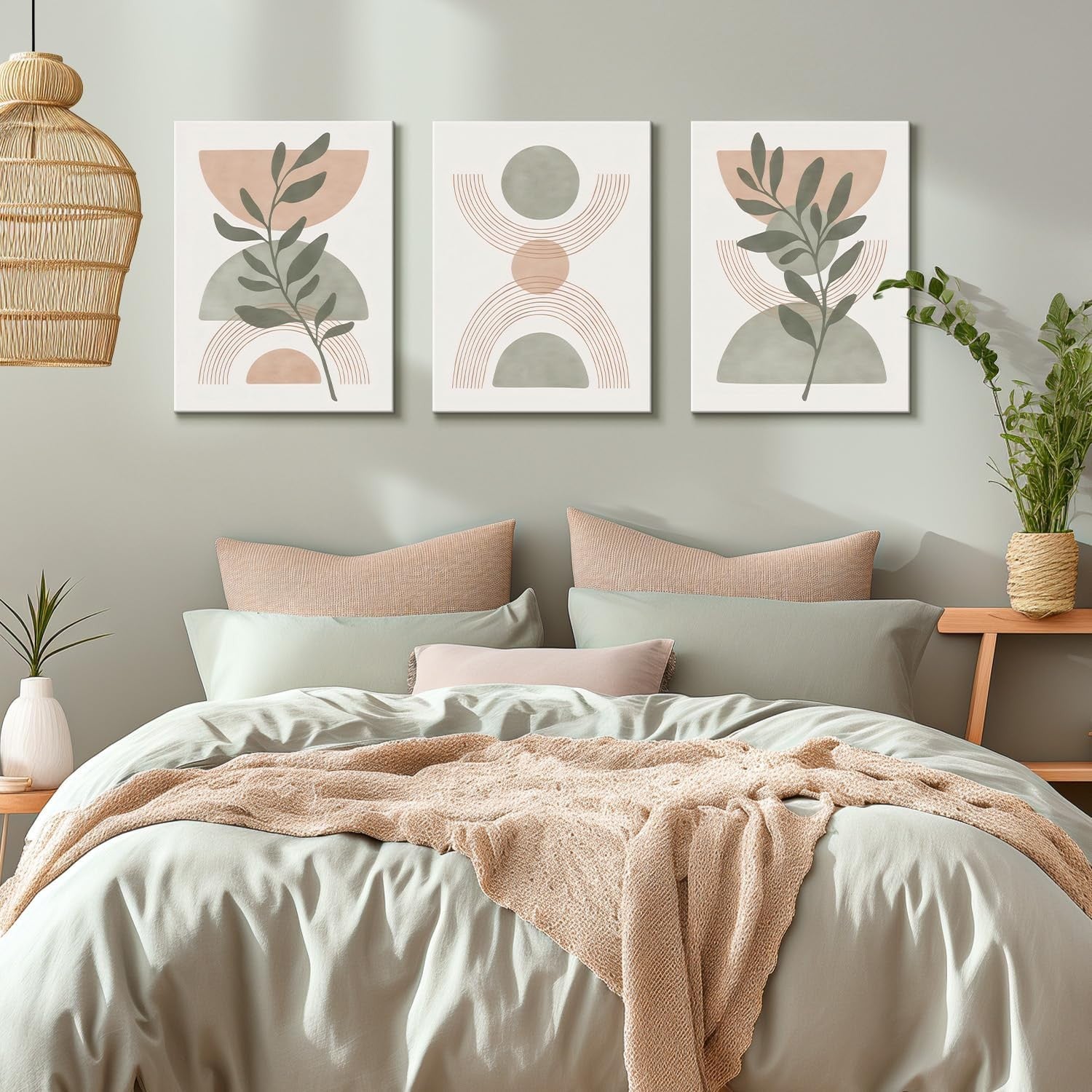Framed 3pc Sage Green Boho Wall Art Set 12x16 Canvas Prints