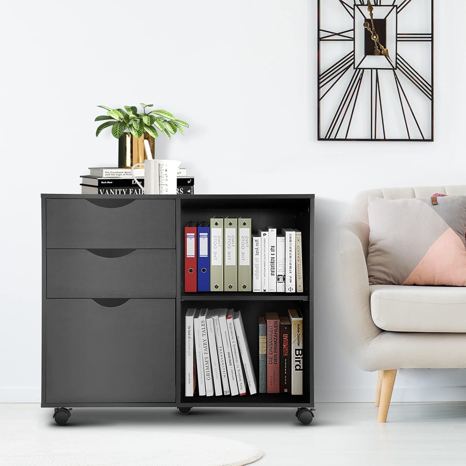 Black Rolling Lateral File Cabinet 3 Drawer Open Shelf Printer Stand