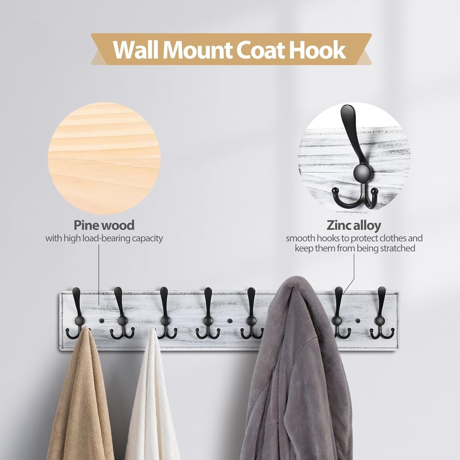 Grey Wooden Wall Mounted Coat Rack | 8 Hook Heavy Duty Hanger for Hallway