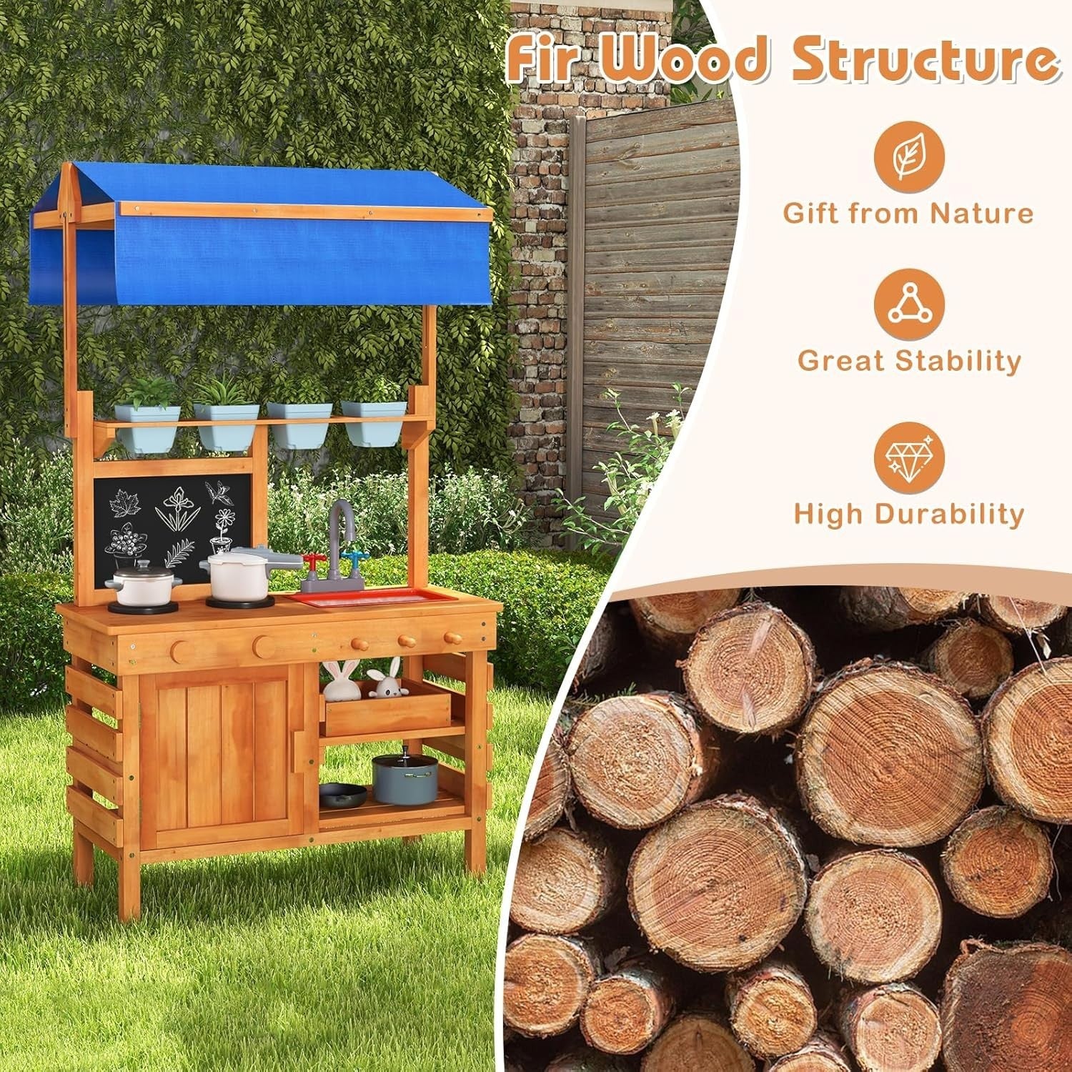 Outdoor Mud Kitchen Kids Playset w/ Canopy Sink Pots Chalkboard