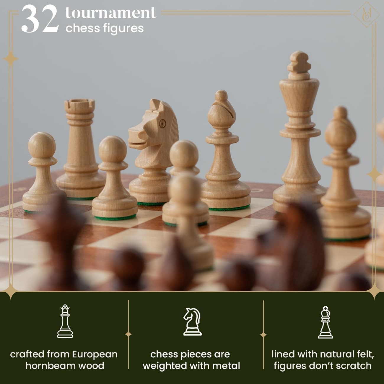 Portable Tournament Wooden Chess Set 35cm Inlaid Foldable Board Staunton No.3