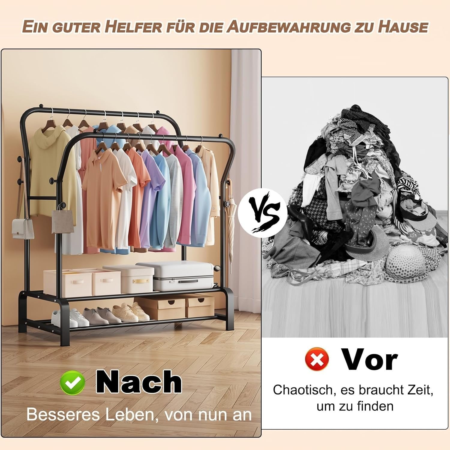 Heavy Duty Double Clothes Rail with Shelf & Hooks – Black