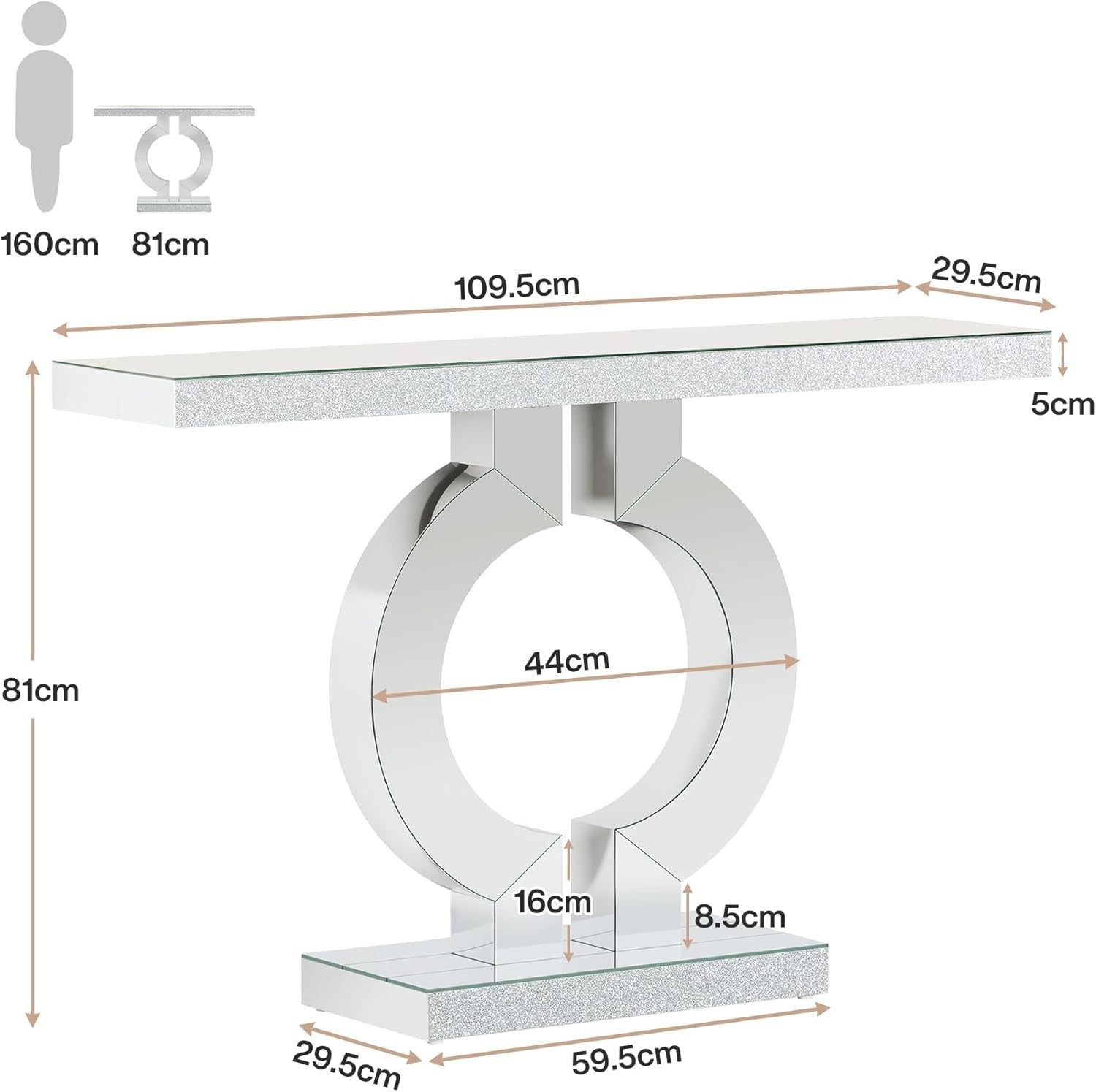 Modern Mirrored Console Table 110cm, Elegant Glass Display for Hallway